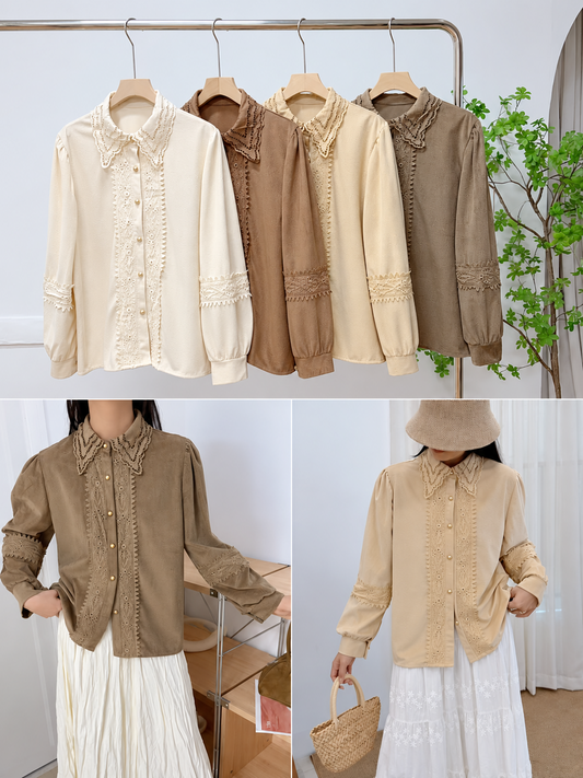Camel Peter Pan Collar Lace Peplum Blouse, camel brown, front view, Korean blouse wholesale India