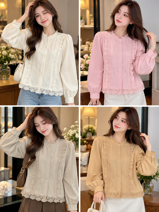 Cream Pink Beige Lace Panel Button Blouse, cream, pink, beige, front view, Korean blouse wholesale India