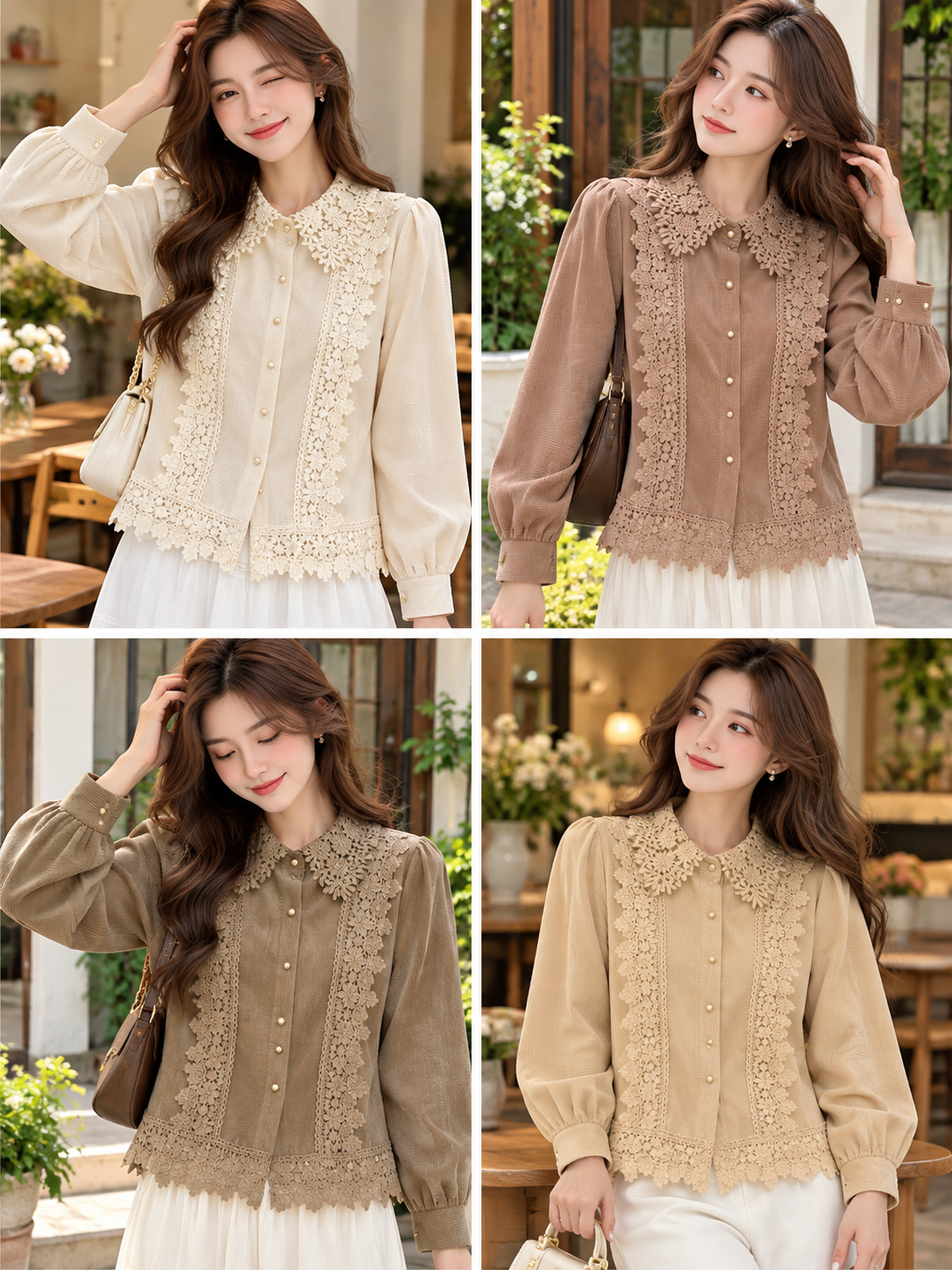 Cream Taupe Floral Lace Collar Button Blouse, cream, taupe, beige, front view, Korean blouse wholesale India