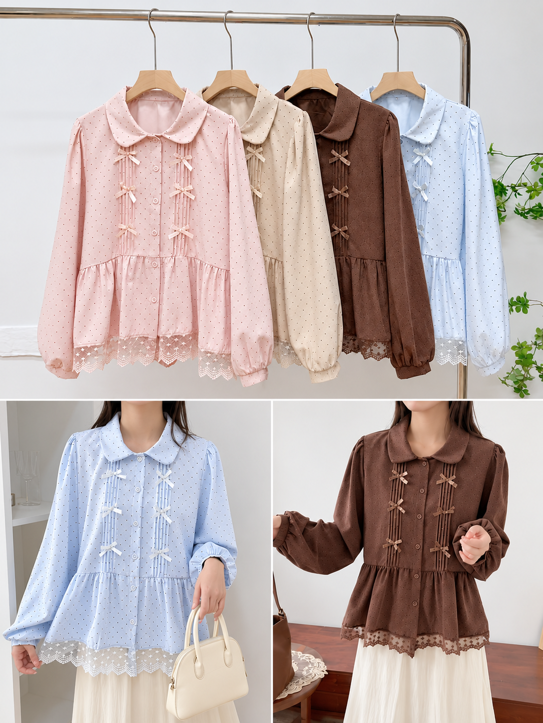 Pink Cream Brown Blue Bow Lace Hem Peplum Blouse, pink, cream, brown, blue, front view, Korean blouse wholesale India