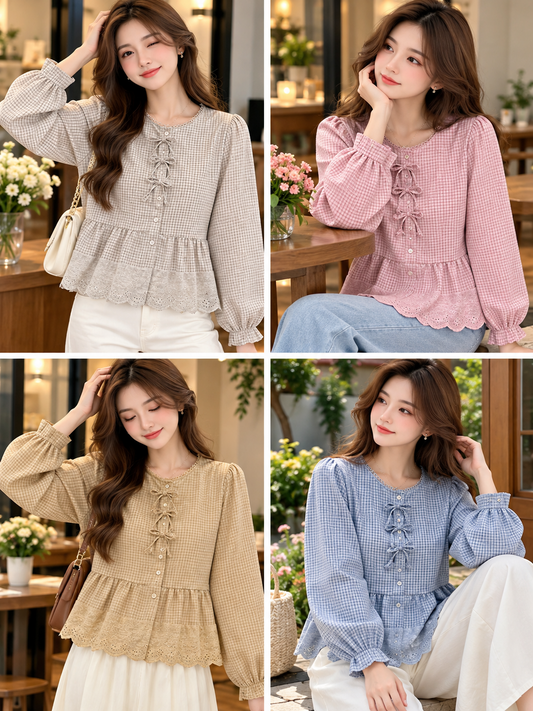 Beige Pink Blue Gingham Lace Hem Peplum Blouse, beige, pink, blue, front view, Korean blouse wholesale India