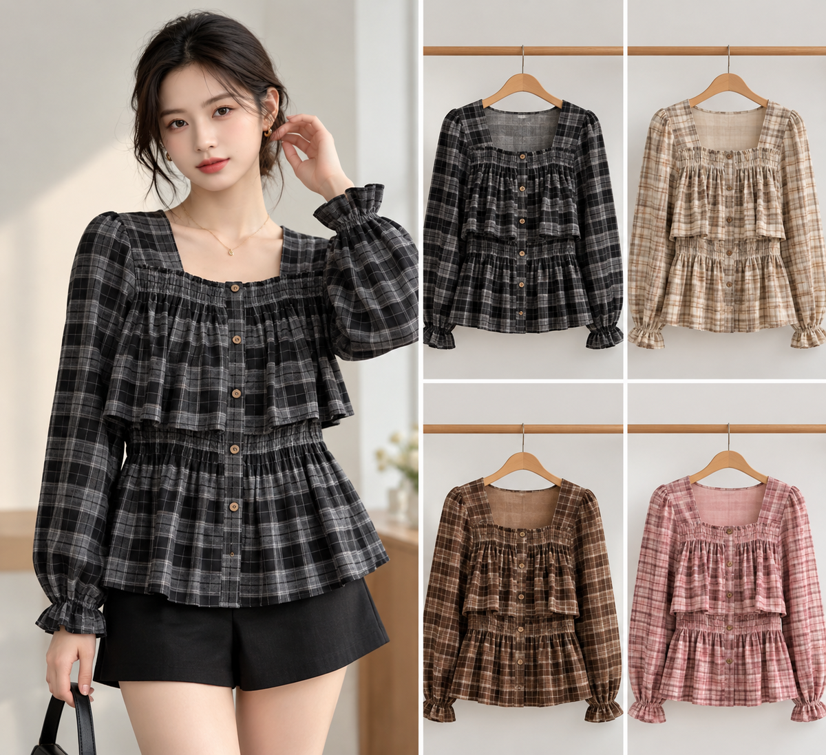 Brown Textured Tie Waist Button Cardigan Top Korean wholesale front and colour views