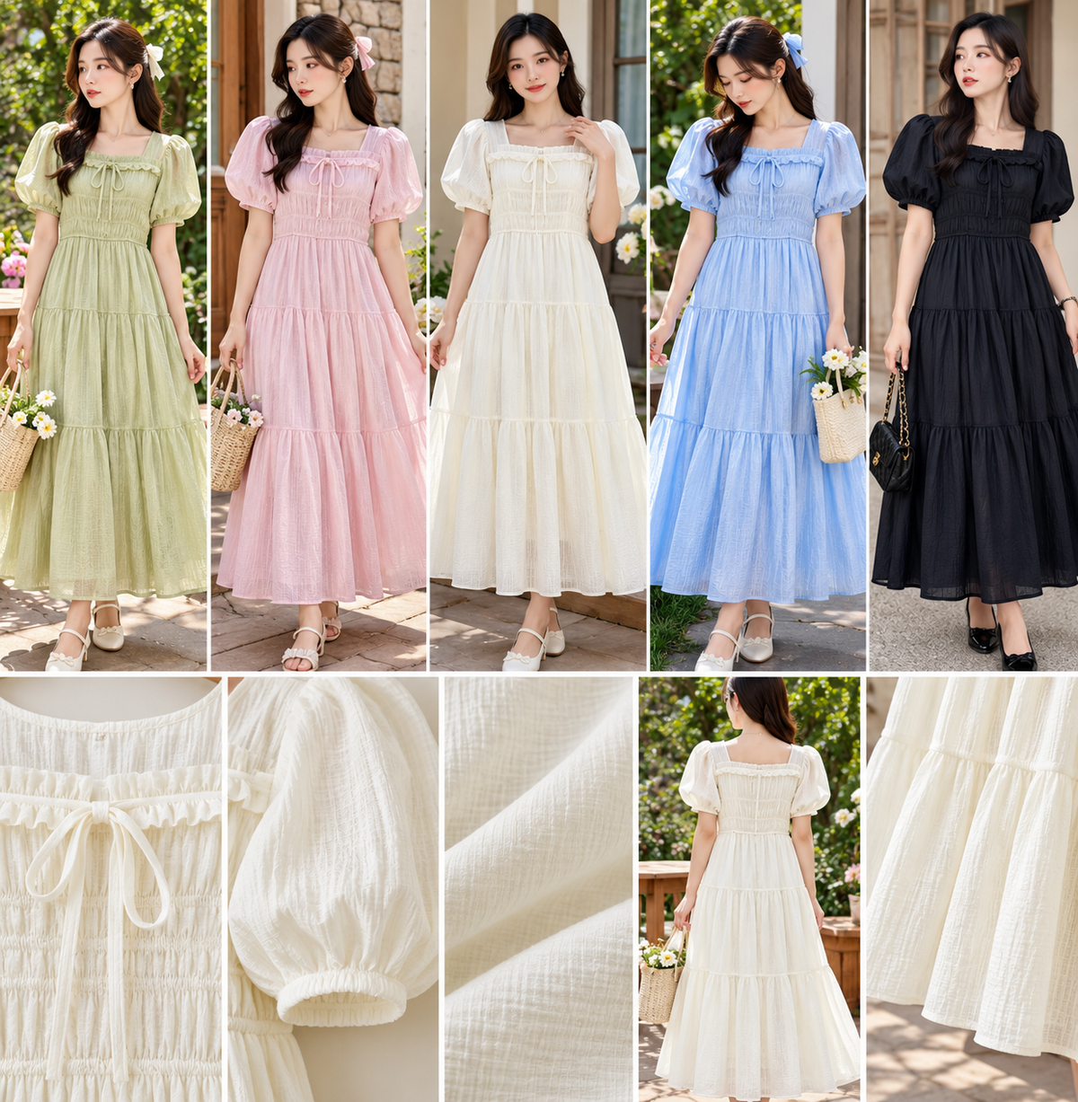 Square-Neck Puff Sleeve Tiered Maxi Dress in green pink ivory blue black, wholesale fashion product views