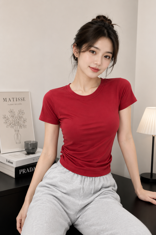Red Ruched Half Sleeve T-Shirt - Korean Wholesale Supplier India