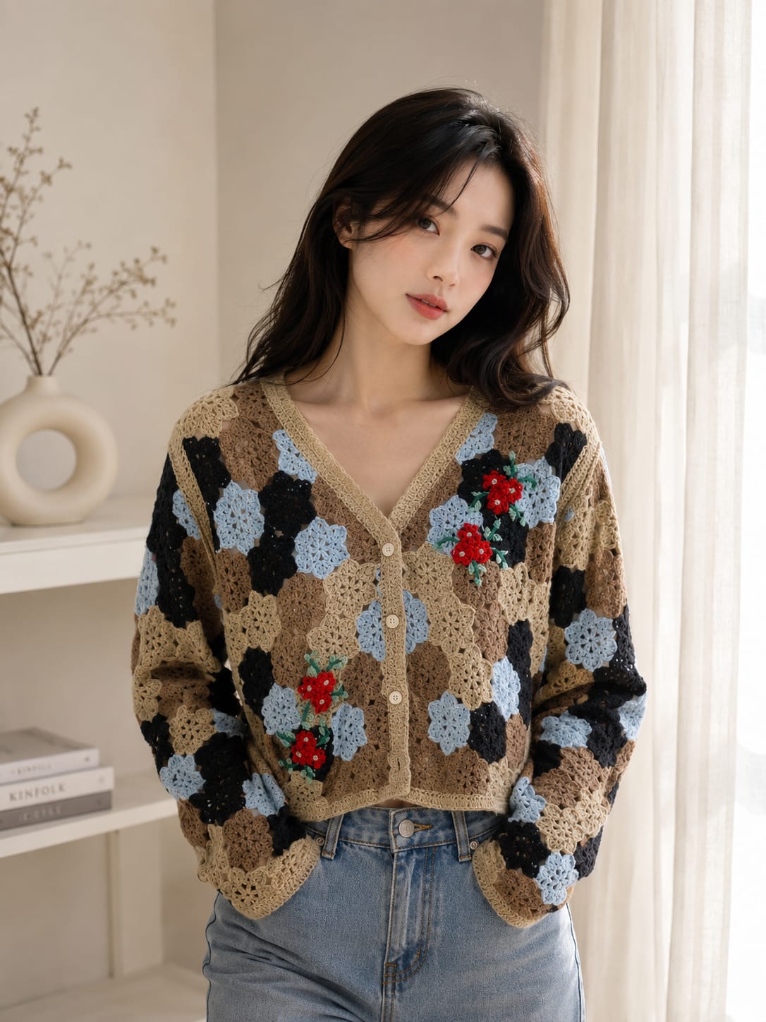 Retro Floral Granny Square Crochet Short-Sleeve Cardigan - Wholesale Western Top