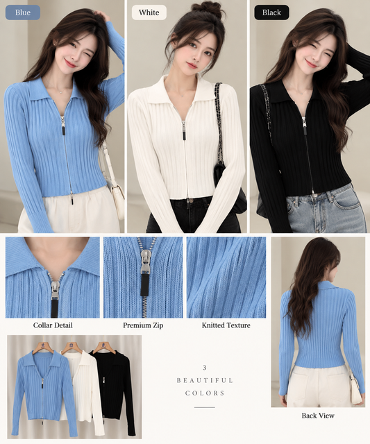 Ribbed Collared Zip-Up Sweater - Bulk Apparel Supplier India