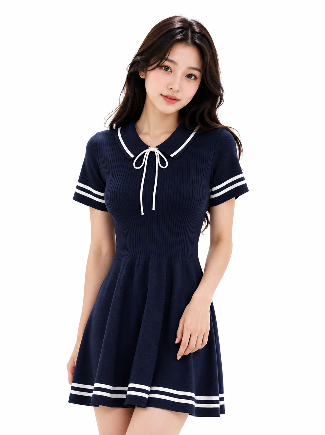 A woman modeling a short-sleeve ribbed knit mini dress in navy blue with white trim details, including a tie at the collar and stripes on the sleeves and hem, against a plain white background.