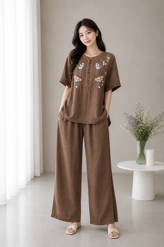 Brown Embroidered Co-Ord Set for Women | Loose Fit Top & Palazzo | Wholesale Western Wear Mumbai