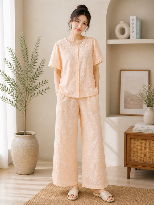 Peach Embroidered Co-Ord Set for Women | Soft Cotton Lounge Wear Set | Wholesale Western Wear Mumbai