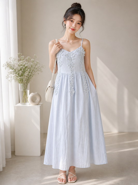 Pastel Blue Embroidered Midi Dress for Women | Elegant Summer Dress | Wholesale Western Wear Mumbai