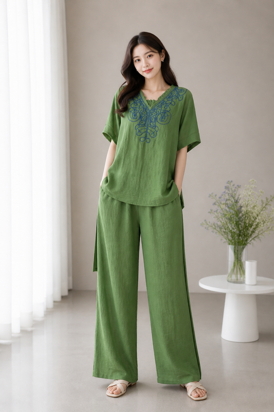 Green Embroidered Co-Ord Set for Women | Loose Fit Cotton Top & Palazzo | Wholesale Western Wear Mumbai