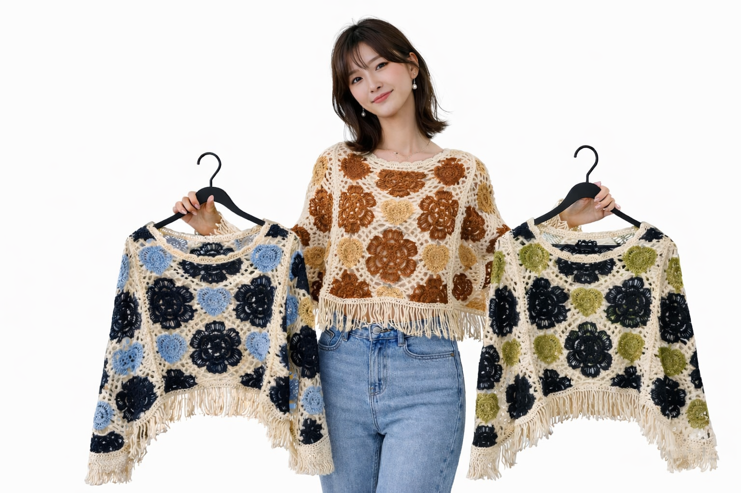 Korean Crochet Floral Sweater for Women Wholesale | Granny Square Knit Crop Top | Boho Winter Wear Ladies Supplier India
