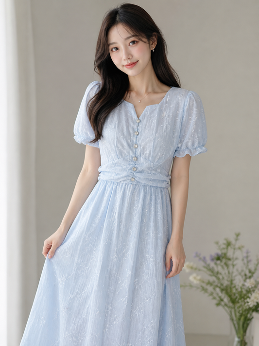 Light Blue Puff Sleeve Midi Dress for Women | Elegant Summer Dress | Wholesale Western Wear Mumbai