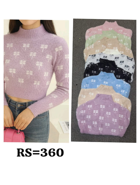 Daisy-motif fuzzy cropped sweater in pink—soft, plush knit for playful winter styling.