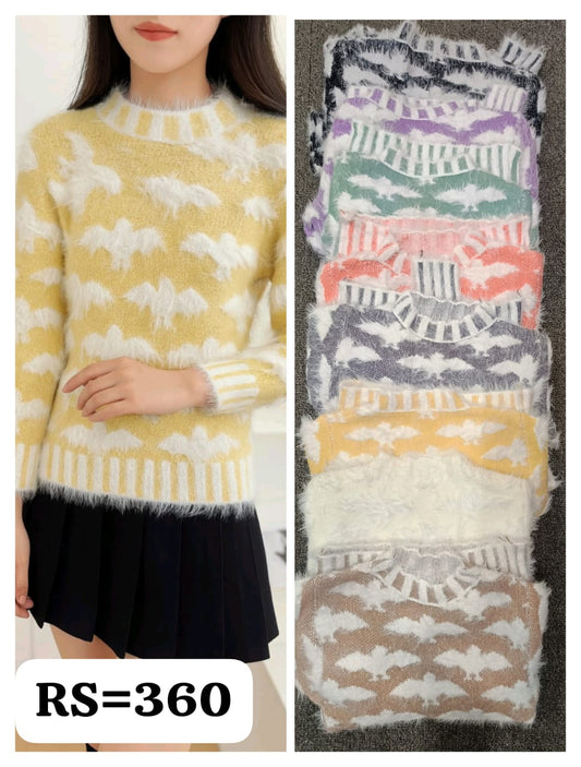 Geometric-pattern fuzzy knit in soft pastels—easygoing sweater for everyday comfort.
