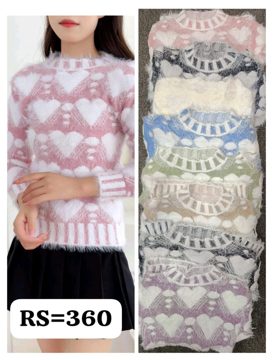 Fuzzy mock-neck sweater with heart blocks—warm, plush sweater in a pastel mix.