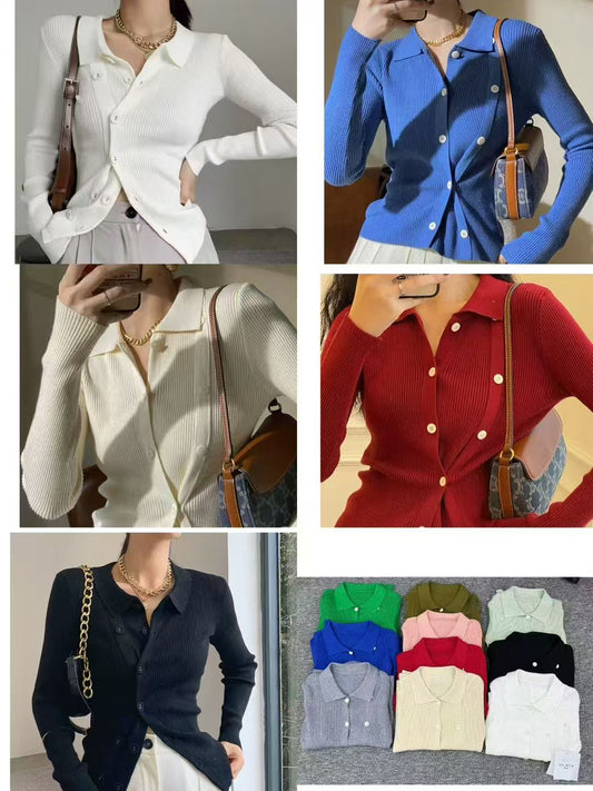 Sweater-shirt hybrid top—soft knit body with shirt collar and cuffs for smart-casual outfits.