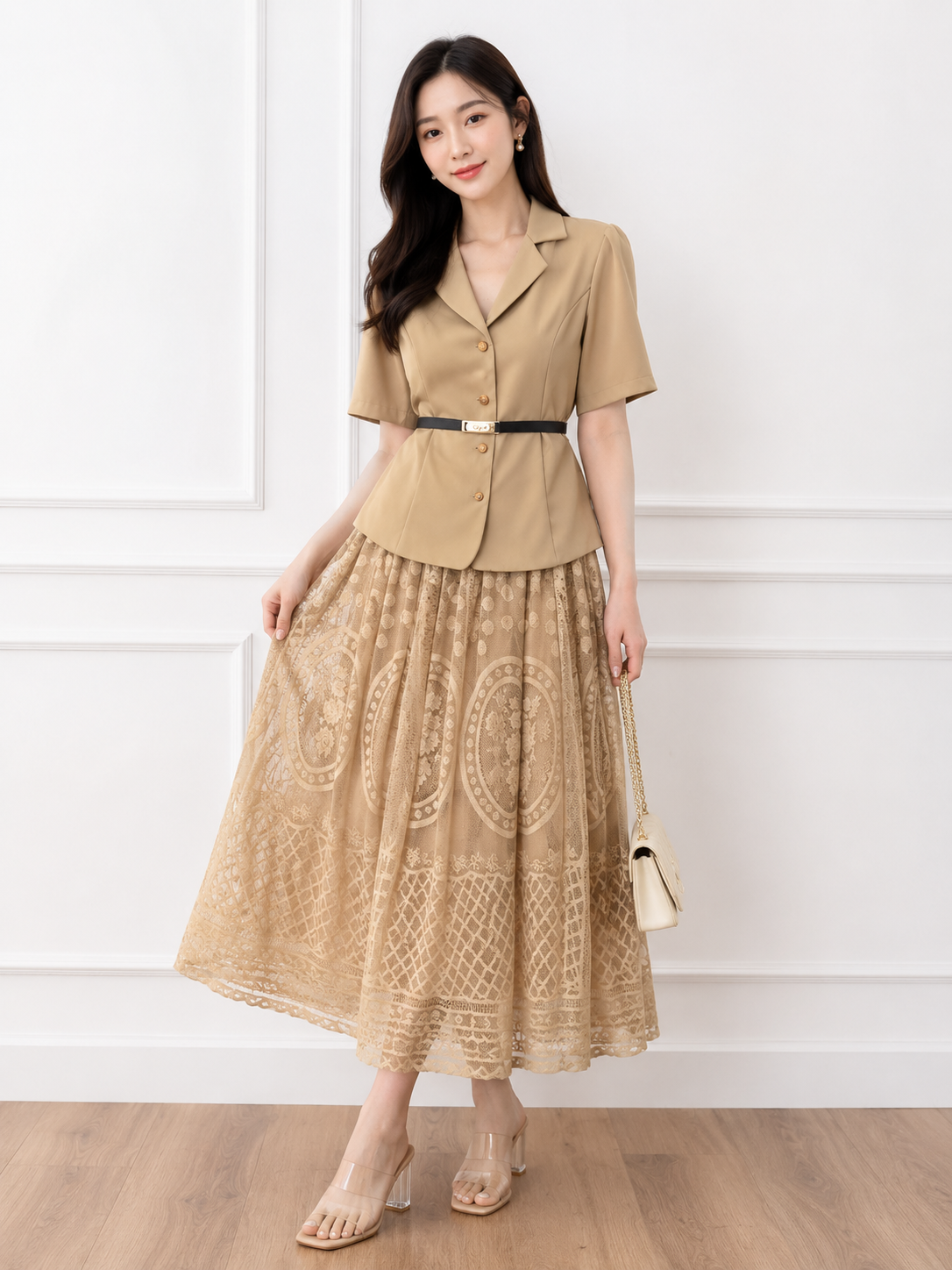 Trendy Beige Blazer & Lace Skirt Co-ord Set - B2B Western Wear Wholesaler