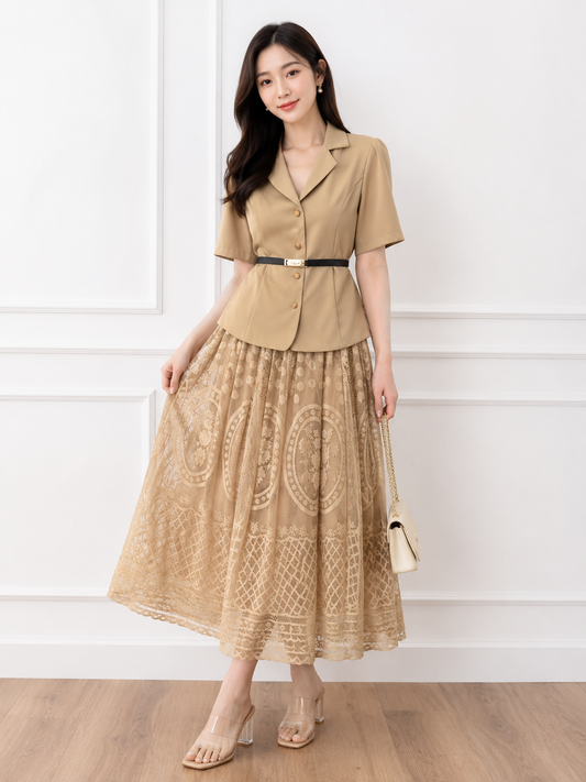 Trendy Beige Blazer & Lace Skirt Co-ord Set - B2B Western Wear Wholesaler