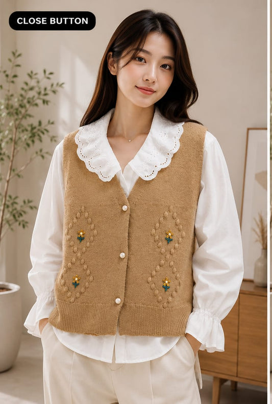 Trendy Cable-Knit Buttoned Sweater Vest with Layered Shirt Set - B2B Western Wear Wholesaler