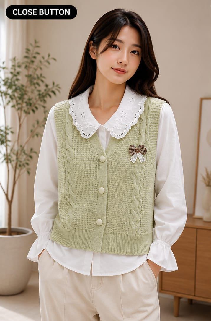 Trendy Cable-Knit Buttoned Sweater Vest with Layered Shirt Set - B2B Western Wear Wholesaler