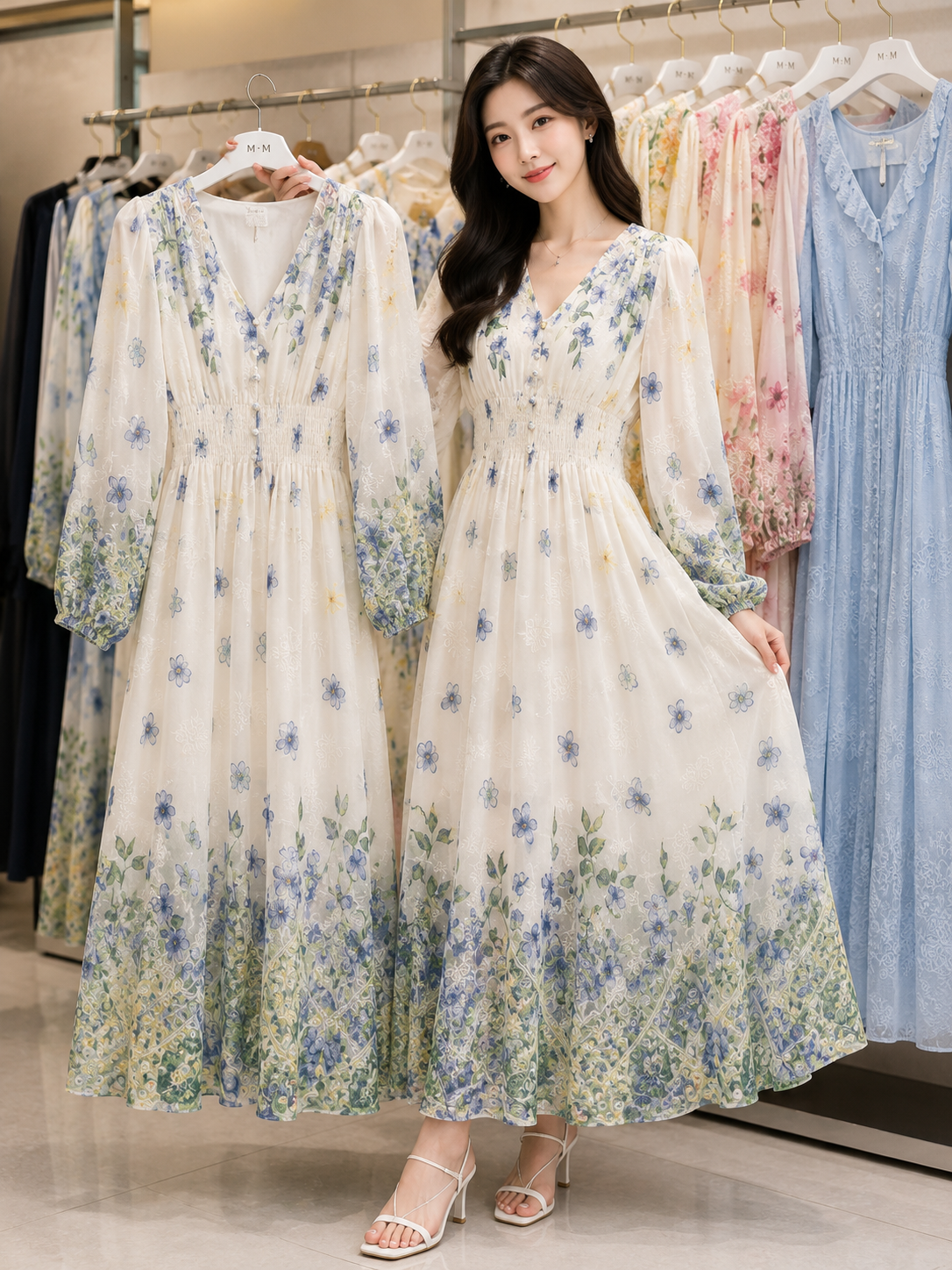 Trendy Floral Chiffon Smocked Maxi Dress - Top Korean Fashion Supplier B2B