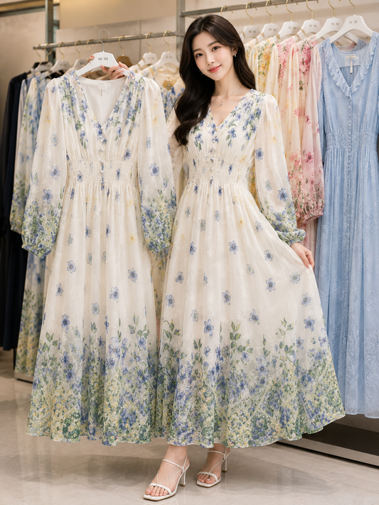 Trendy Floral Chiffon Smocked Maxi Dress - Top Korean Fashion Supplier B2B