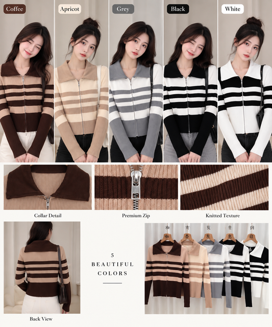 Trendy Striped Zip-Up Knit Sweater - Trending Co-ords & Winter Wear Bulk