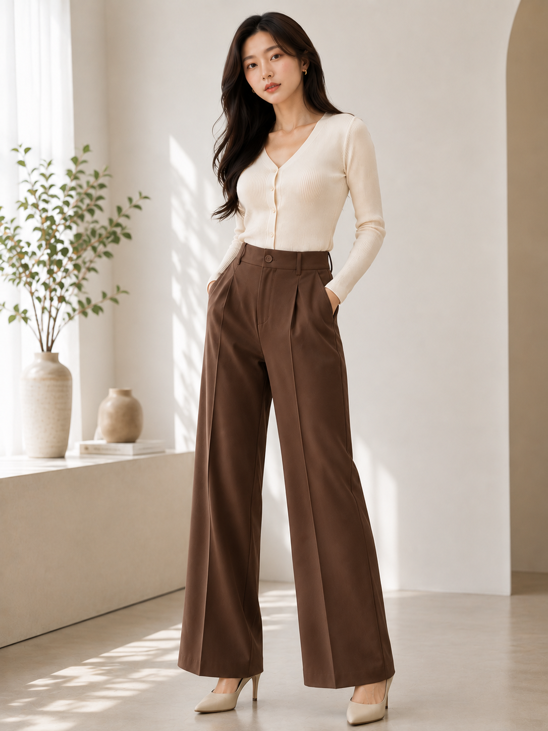 A woman stands in a bright, modern indoor setting wearing a cream long-sleeve V-neck top and high-waisted brown wide-leg trousers, paired with beige heels.