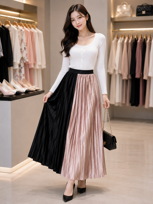 Two Tone Pleated Maxi Skirt - Korean Wholesale Supplier India