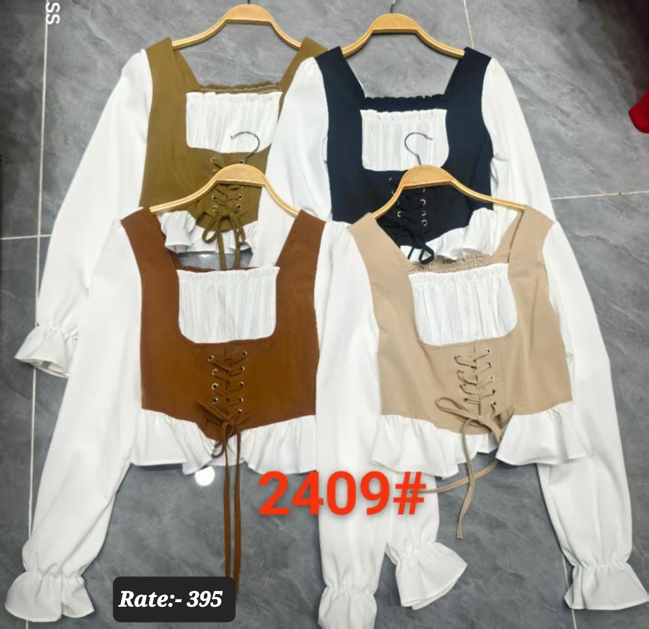 Korean Style Corset Lace-Up Layered Blouse - Long Sleeve s- ZF-16
