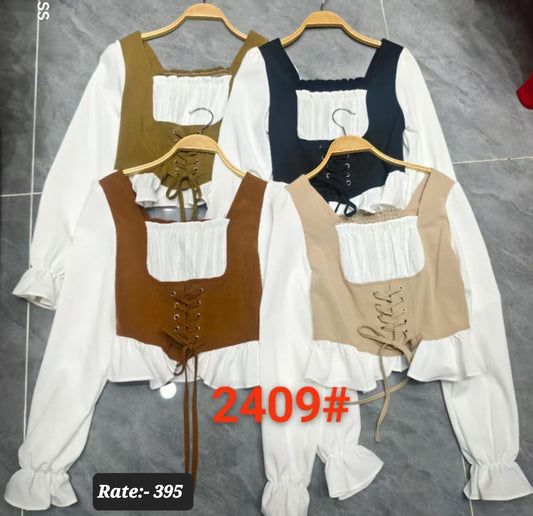 Korean Style Corset Lace-Up Layered Blouse - Long Sleeve s- ZF-16