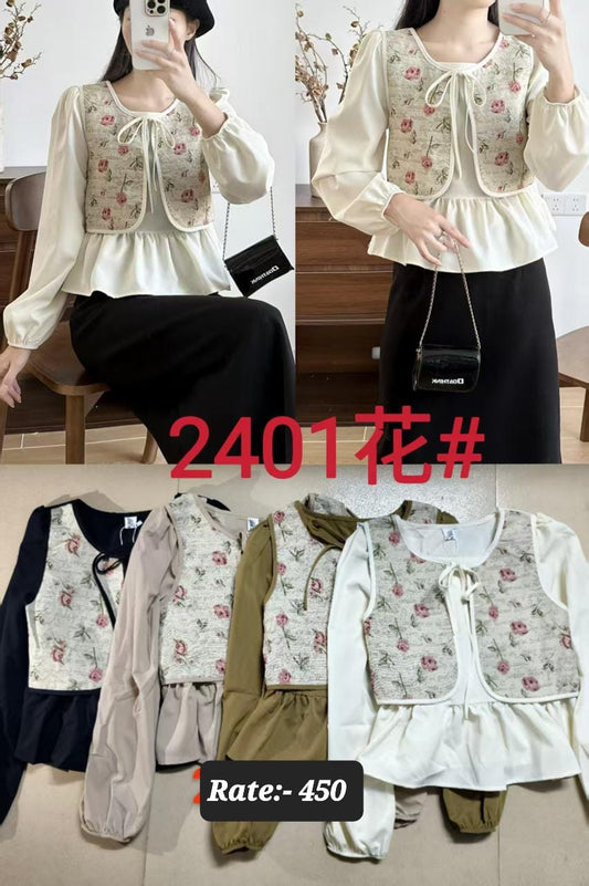 Imported Korean Vintage Floral Vest Layered Blouse - Long Sleeve s- ZF-15