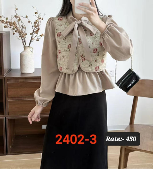Korean Floral Bow Tie Vest Blouse - Long Sleeve s- ZF-14