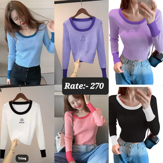 Korean Contrast Border Ribbed Knit Top | Stylish Long Sleeve Womens Western Wear - ZF-21
