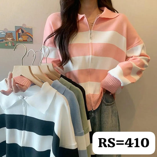 Korean Striped Zip-Up Knit Jacket | Trendy Womens Casual Wear.- ZF-22