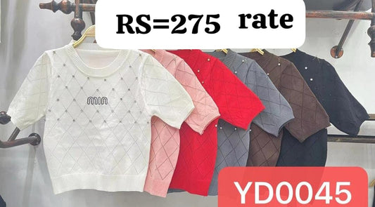 Korean Diamond Knit Pearl Embellished Short Sleeve Top.- ZF-23