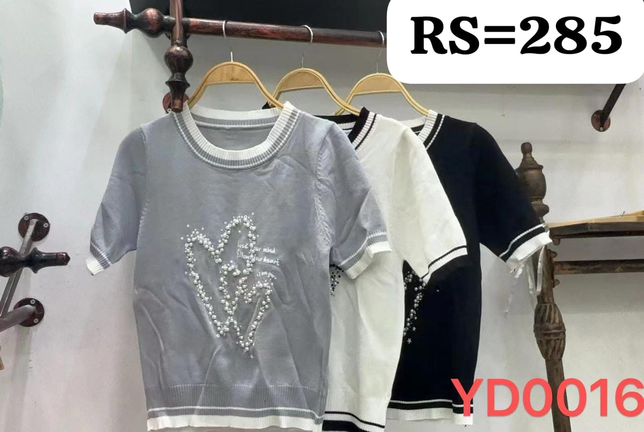 Imported Korean Embellished Heart Pearl Knit Top - Short Sleeve S- ZF-18