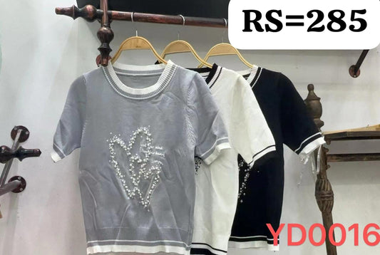 Imported Korean Embellished Heart Pearl Knit Top - Short Sleeve S- ZF-18