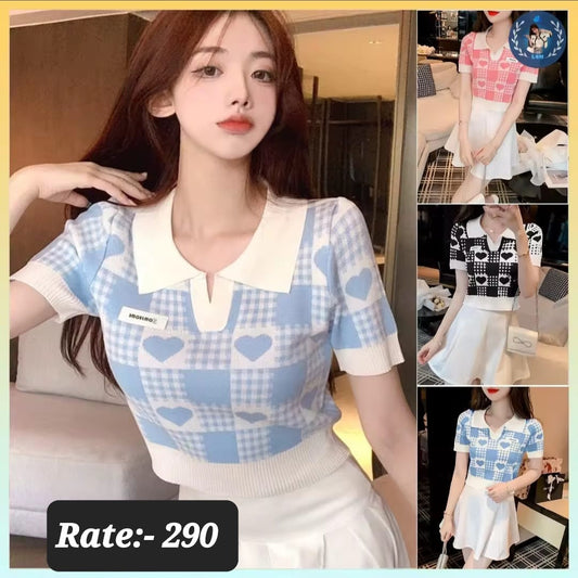 Korean Style Heart Checkered Knit Top with Collar. - ZF-32
