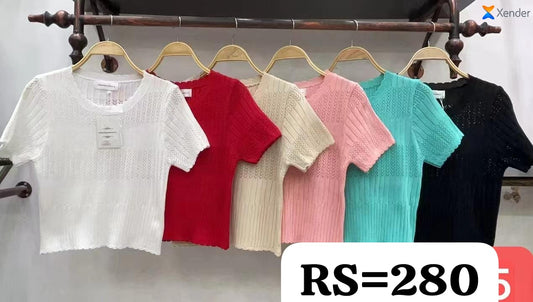 Imported Korean Style Knit Lace Pattern Top - Short Sleeve - ZF-17