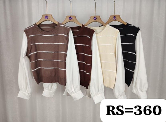 Korean Striped Knit Vest Layered Blouse - Long Sleeve s- ZF-12