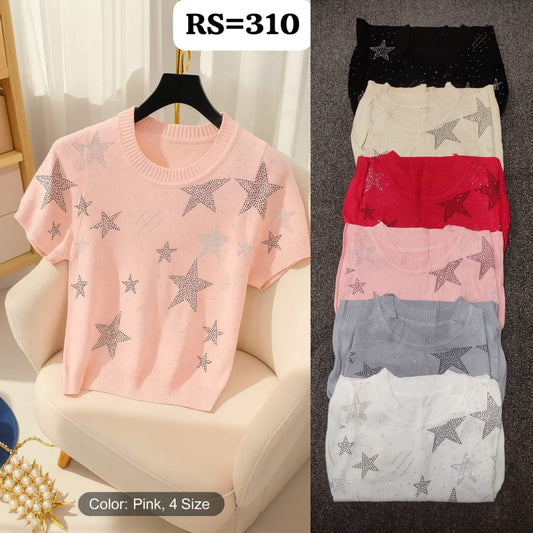 Imported Korean Star Print Knit Top - Short Sleeve. s- ZF-13