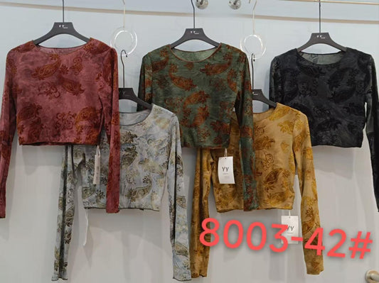 Imported Korean Paisley Velvet Long Sleeve Crop Top.- ZF-02
