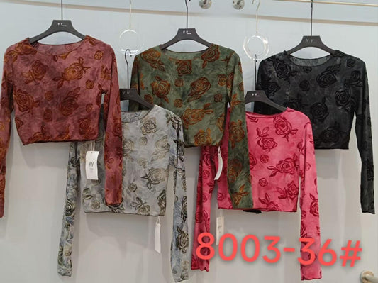 Imported Korean Floral Velvet Long Sleeve Crop Top-Women WesterWear WholeSale - ZF-01