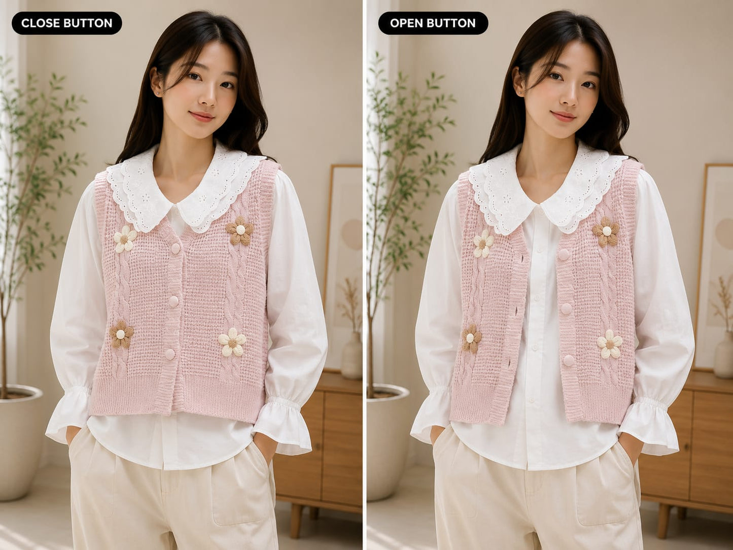Cable-Knit Buttoned Sweater Vest with Layered Shirt Set - Bulk Apparel Supplier India