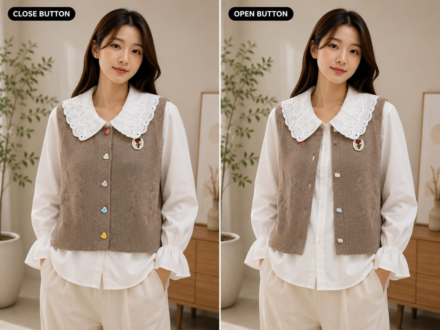 Premium Cable-Knit Buttoned Sweater Vest with Layered Shirt Set - High-Quality Imported Clothing