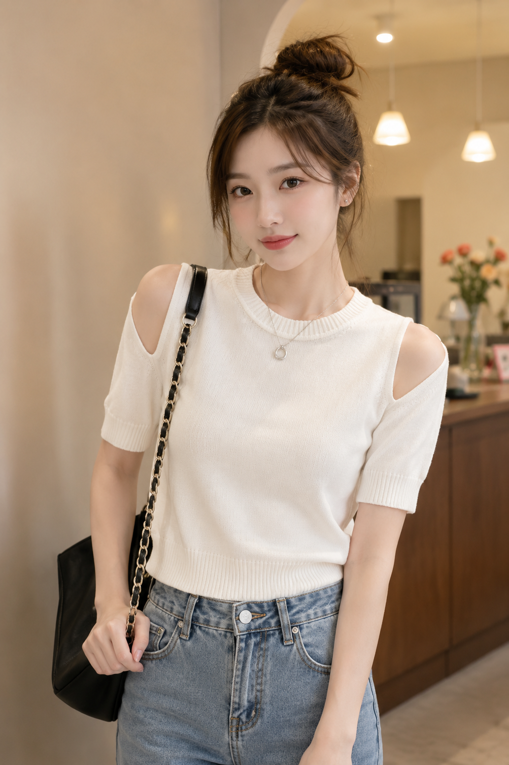 White Cold Shoulder Knit Top - Korean Wholesale Supplier India
