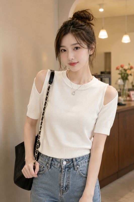 White Cold Shoulder Knit Top - Korean Wholesale Supplier India