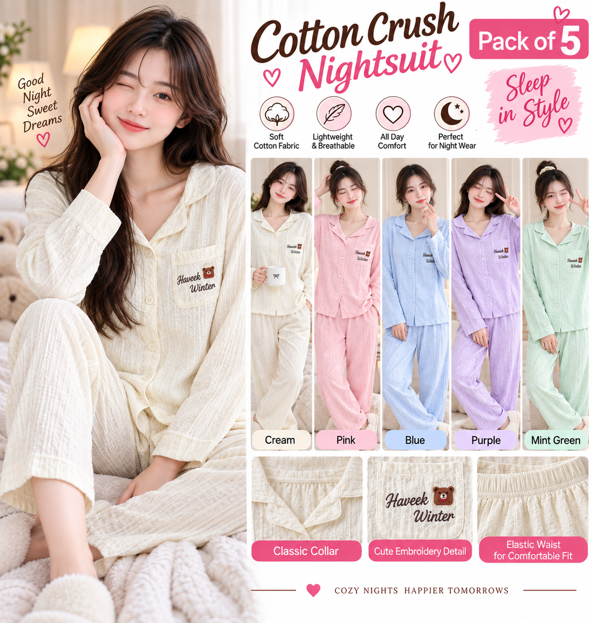 Women's Cotton Crush Nightsuit Pack of 5 – Soft Button Front Nightwear Wholesale